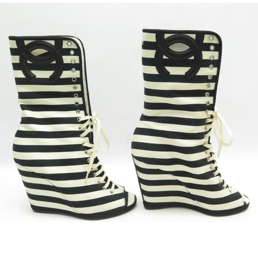 IN SEARCH OF- Chanel Black and White Lace-Up Wedge Boots